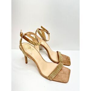 Vince Camuto Sandals Womens Size 7.5 Tan Leather Saprenda Rhinestone Ankle Strap